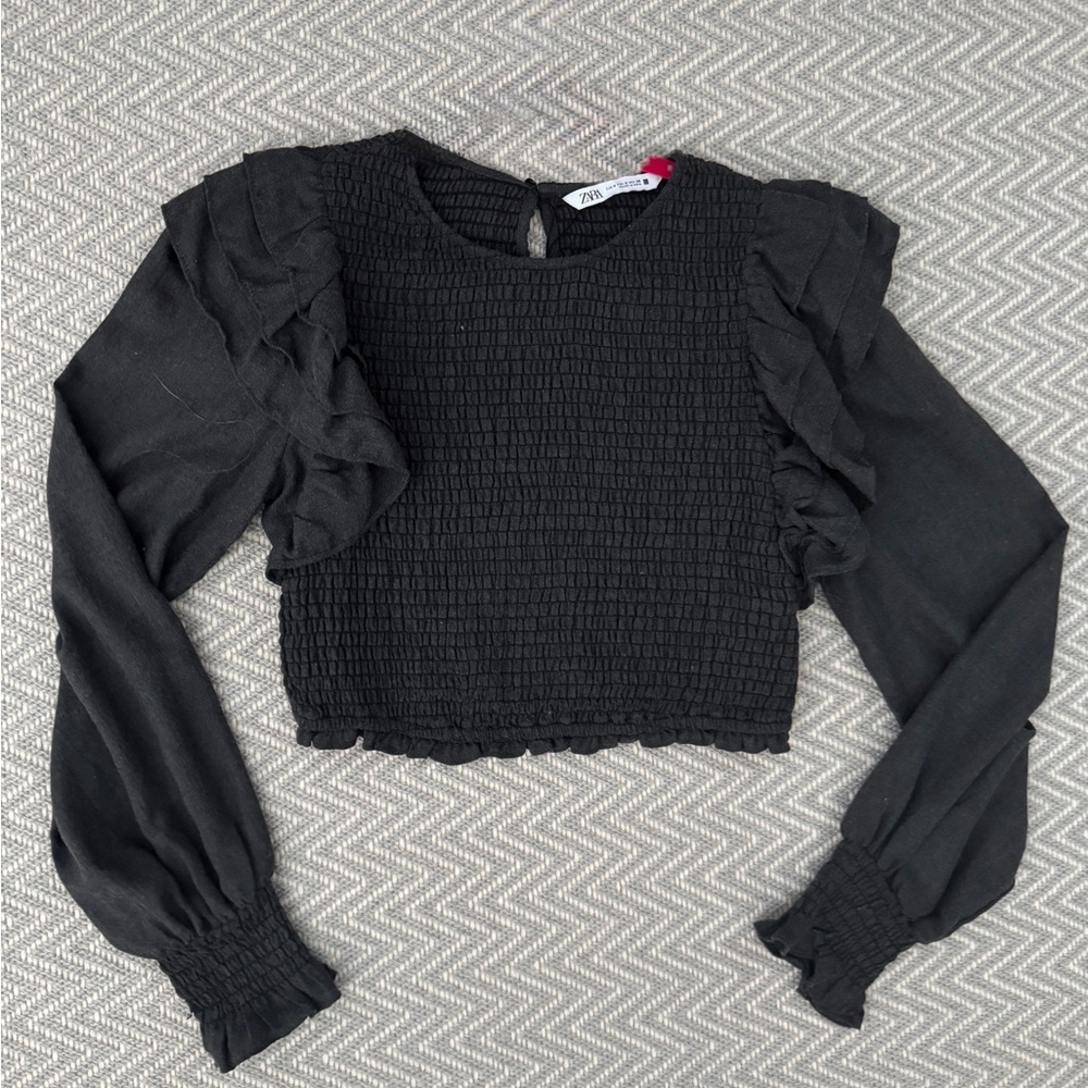 NWT Zara Smocked Crop Top Blouse Black Ruffle Romantic Coquette S